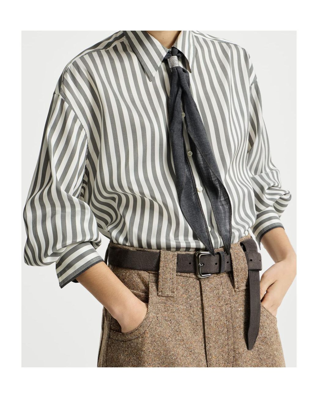 Brunello Cucinelli White Foulard Striped Poplin Shirt