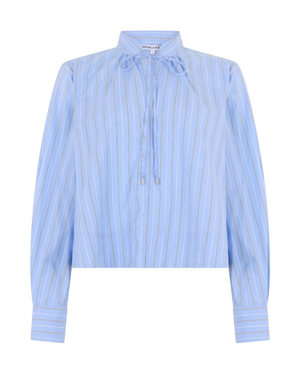 Veronica Beard Blue Striped Cropped Tie-Neck Top
