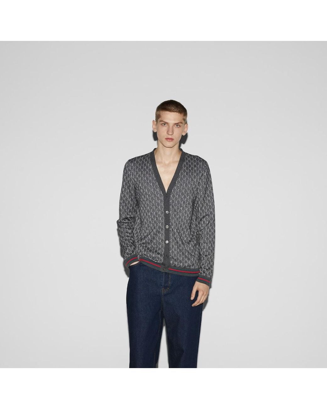Gucci Gray Monogrammed Button-Up Cardigan for men