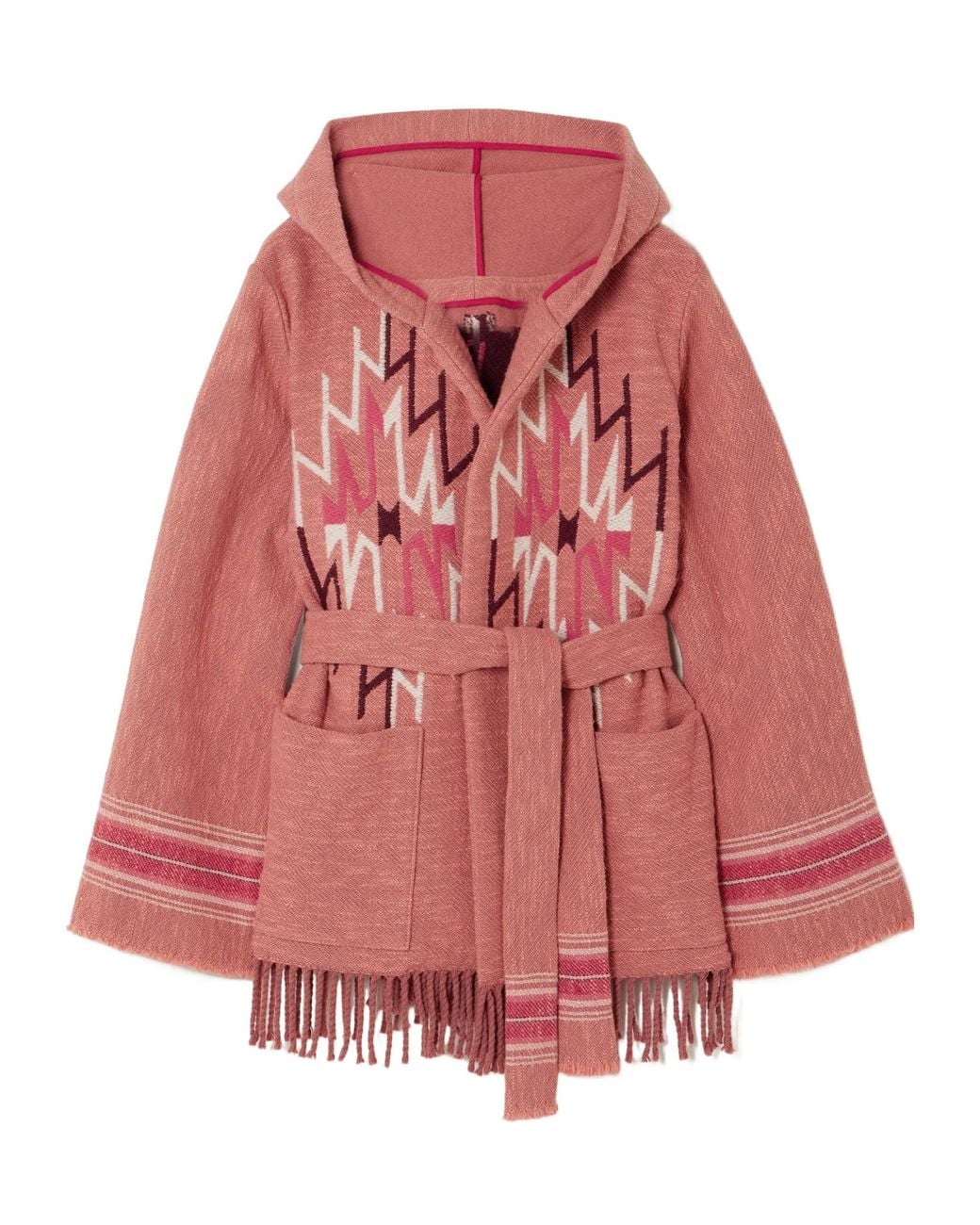 Fortela Red Felipa Belted Hooded Fringed Wool-Blend Jacquard Cardigan
