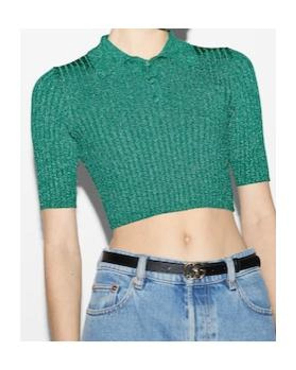 Gucci Green Ribbed-Lamé Cropped Polo Shirt