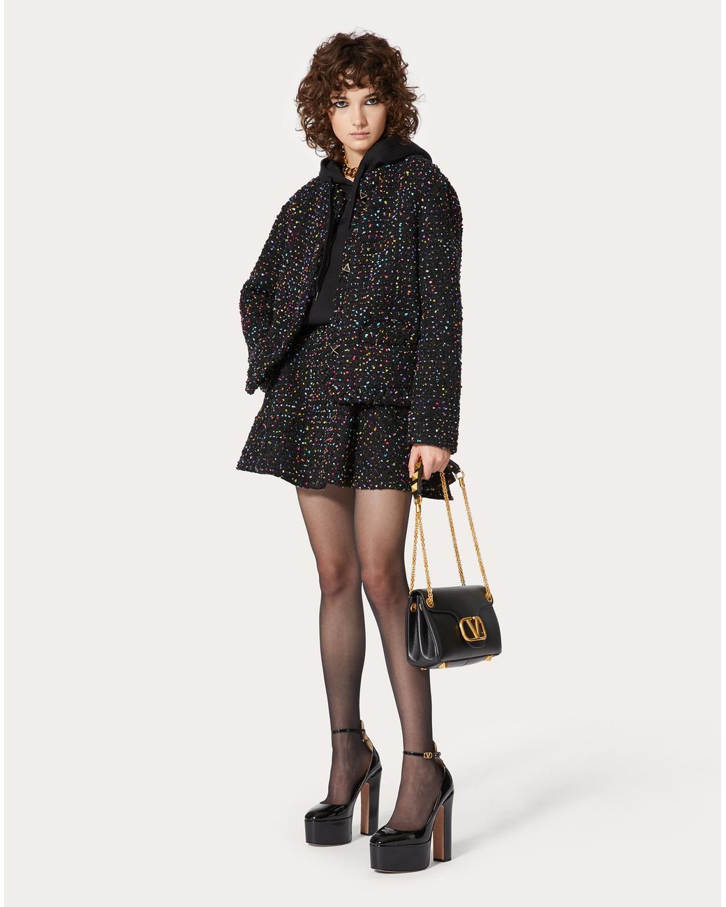 Valentino Black Dotted Tweed A-Line Skirt