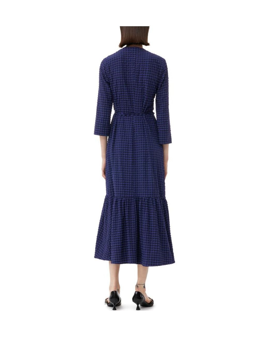 Ganni Blue Checkered Seersucker Gathered Midi Wrap Dress