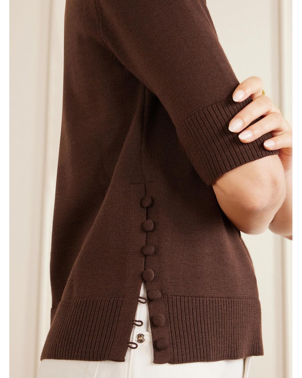 Oscar de la Renta Brown Button-Detailed Wool Sweater