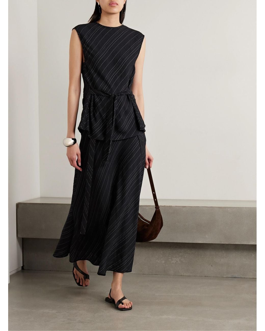 Proenza Schouler Black Kaia Belted Striped Voile Midi Skirt