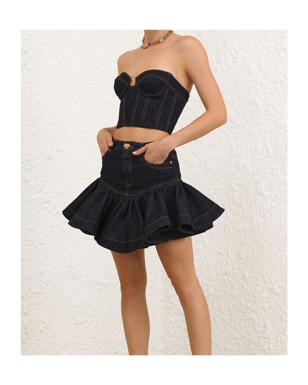 Zimmermann Black Crush Denim Corset Top