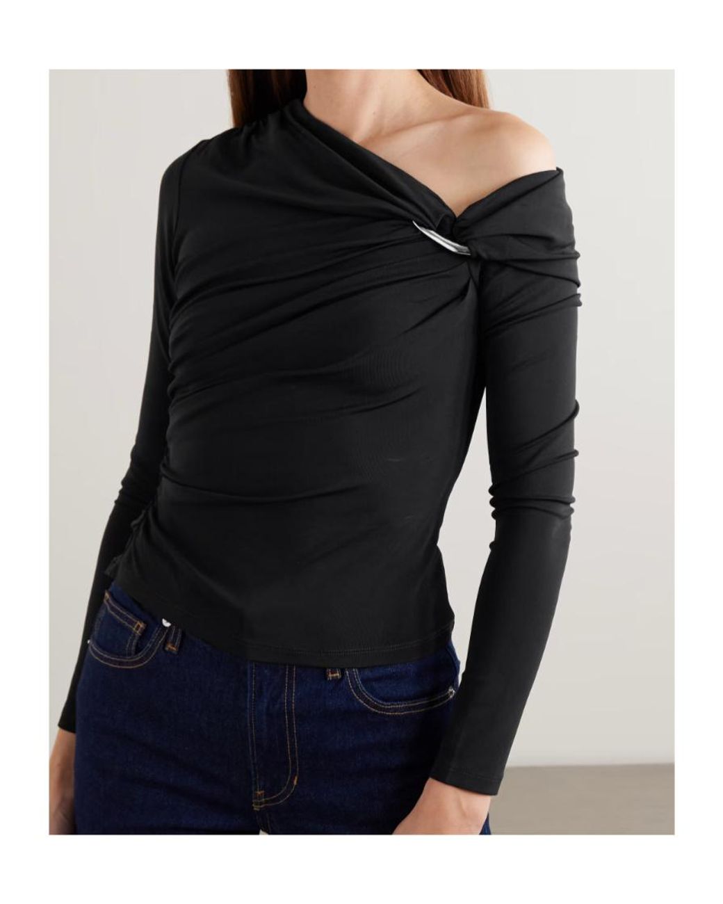 Veronica Beard Black Lozea Asymmetric Embellished Stretch-Mesh Top