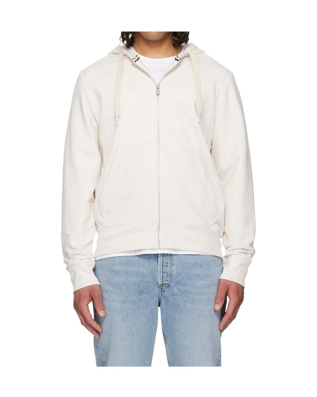 Boss White Tonal Logo Zip-Up Hoodie for men