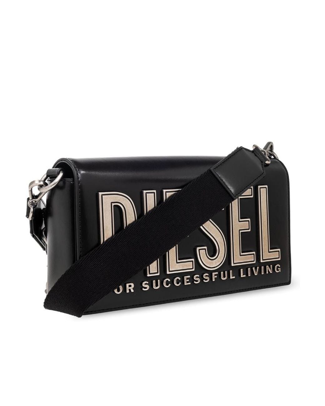 DIESEL Black Logo Lettering Foldover Top Shoulder Bag