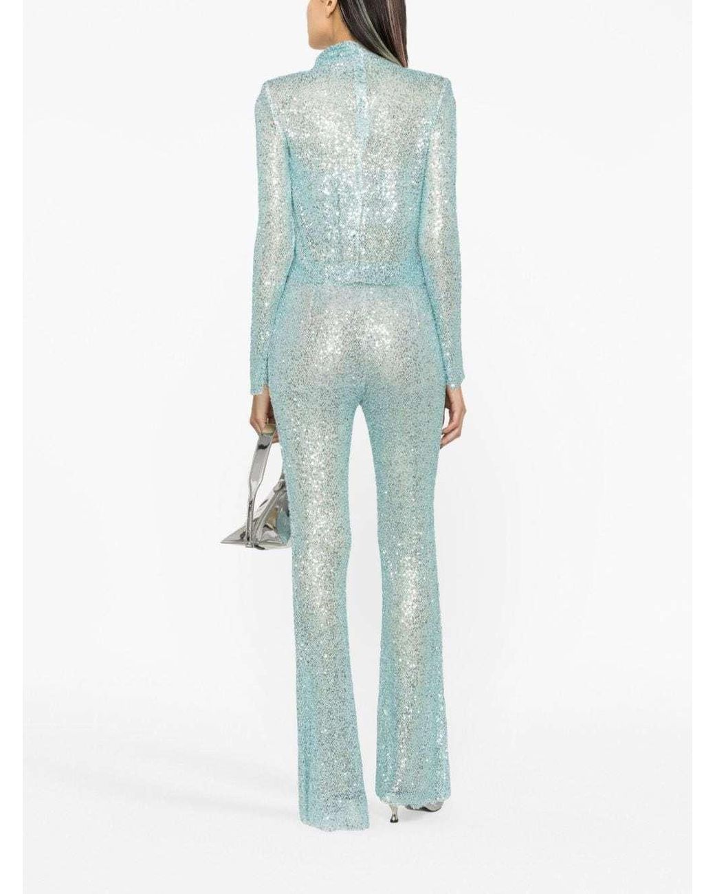 Self-Portrait Blue Sequin-Embellished Fishnet Trousers