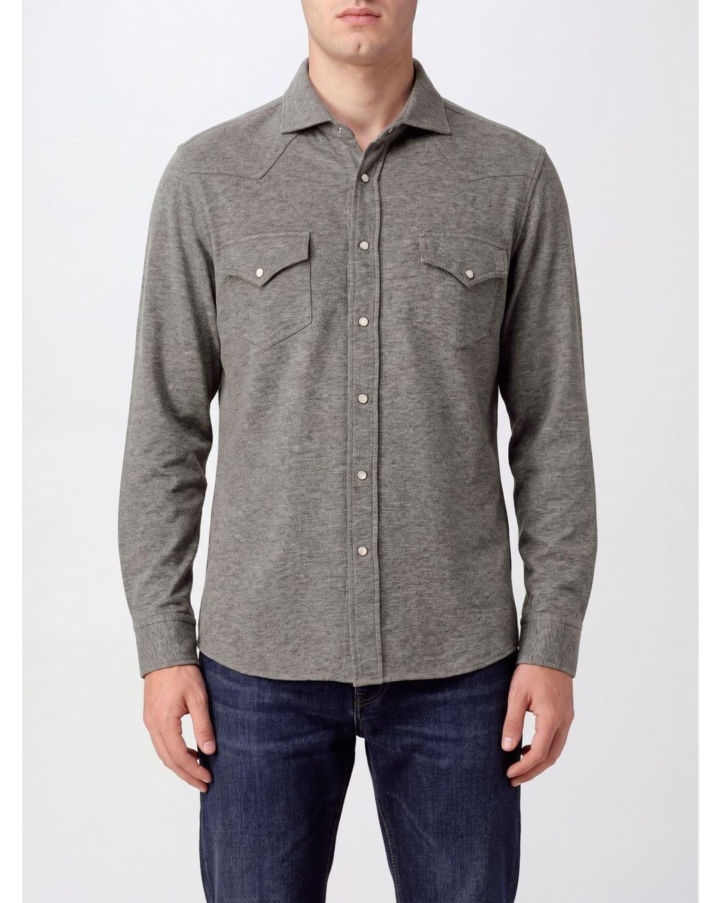 Brunello Cucinelli Gray Patch Chest Pocket Western Shirt for men