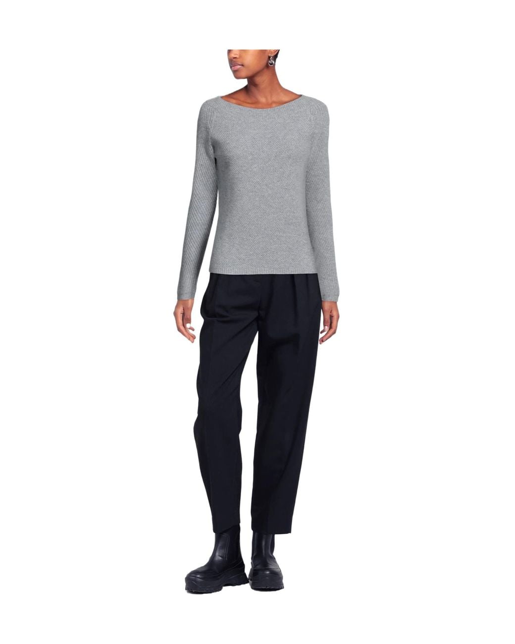 Max Mara Gray Solid-Color Knitted Long-Sleeve Crew Neck Sweater