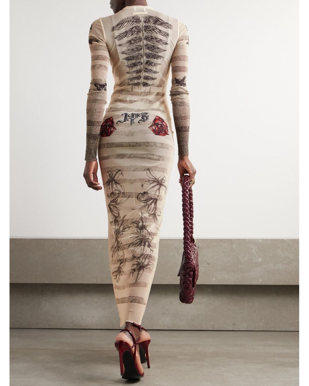Jean Paul Gaultier Natural Printed Mesh Maxi Dress