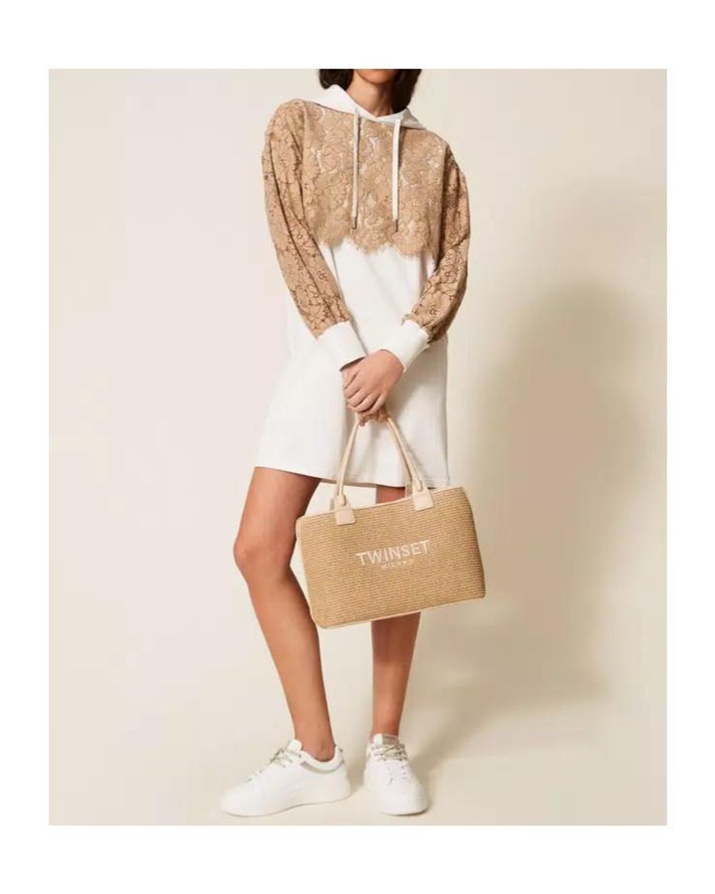Twinset White Lace-Detail Hooded Dress