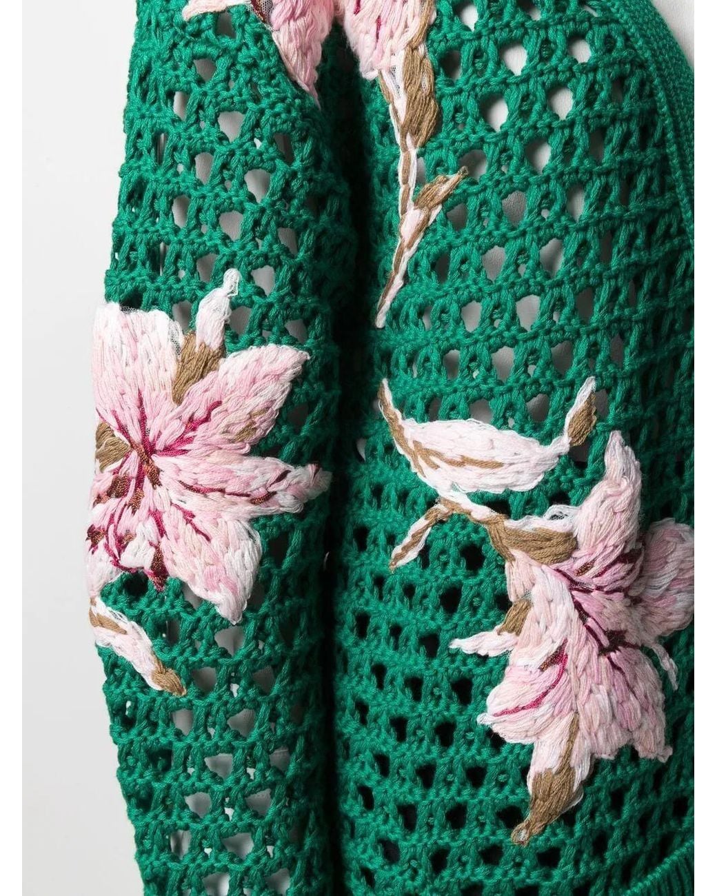 Valentino Green Lilium-Embroidered Cotton Cardigan