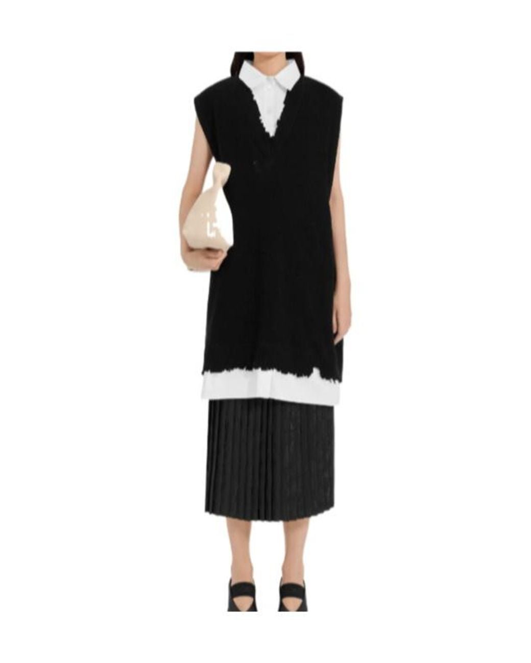 MM6 by Maison Margiela Black Frayed V-Neck Knitted Dress