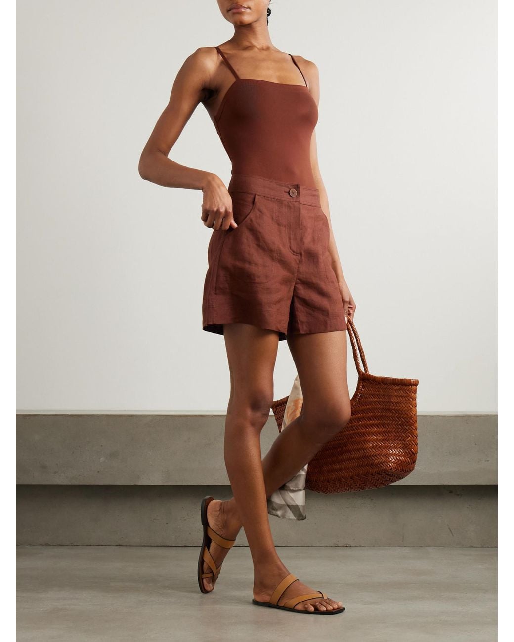 Eres Brown High-Waisted Cotton Linen Shorts