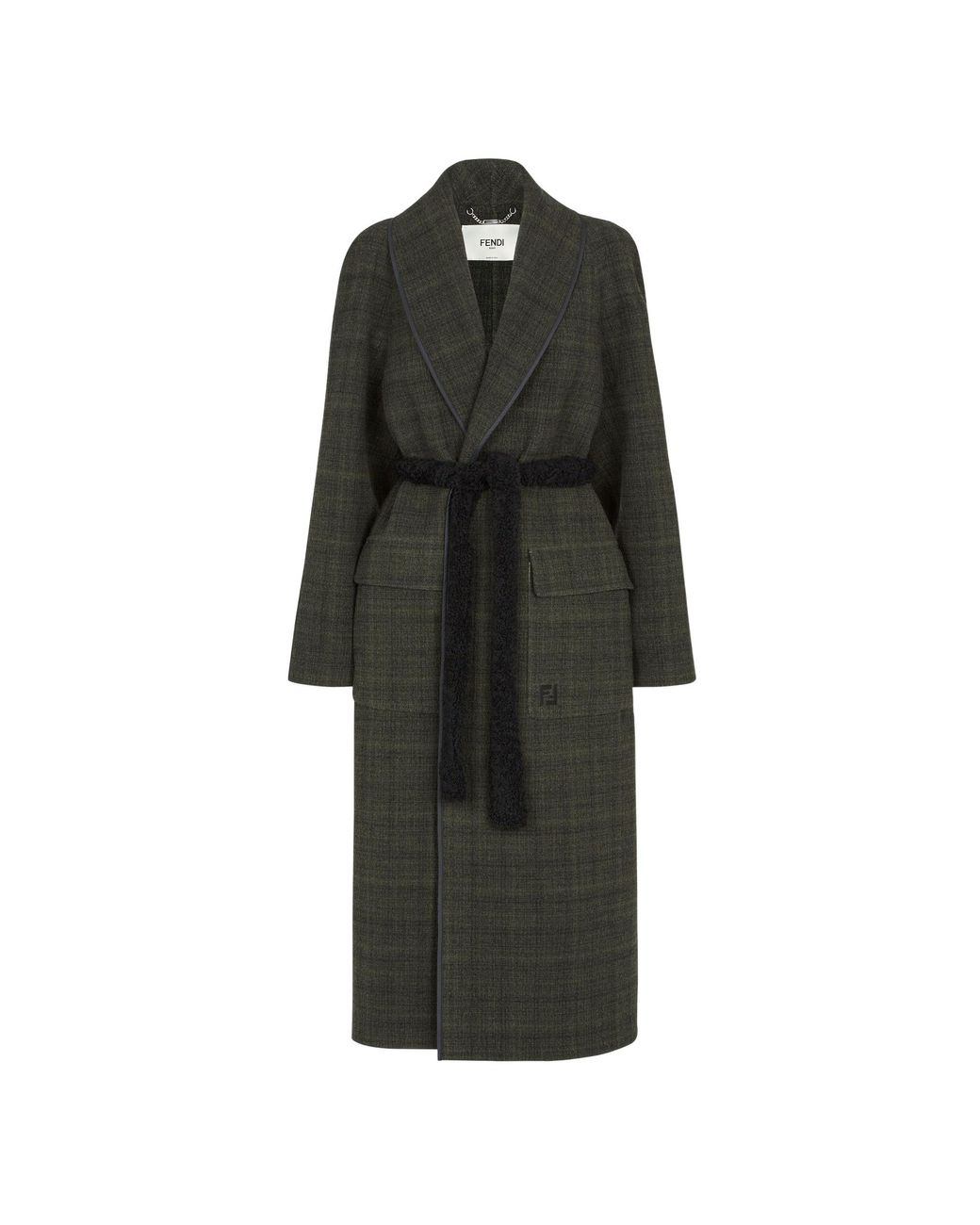Fendi Black Ff Embroidered Tie-Waisted Tweed Coat