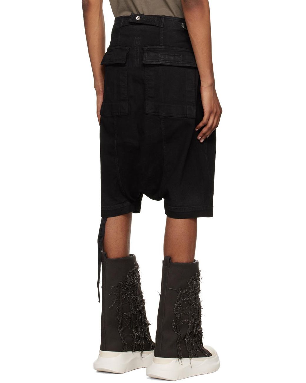Rick Owens Black Old Made Diagonal Zipper Coated Denim Shorts for men
