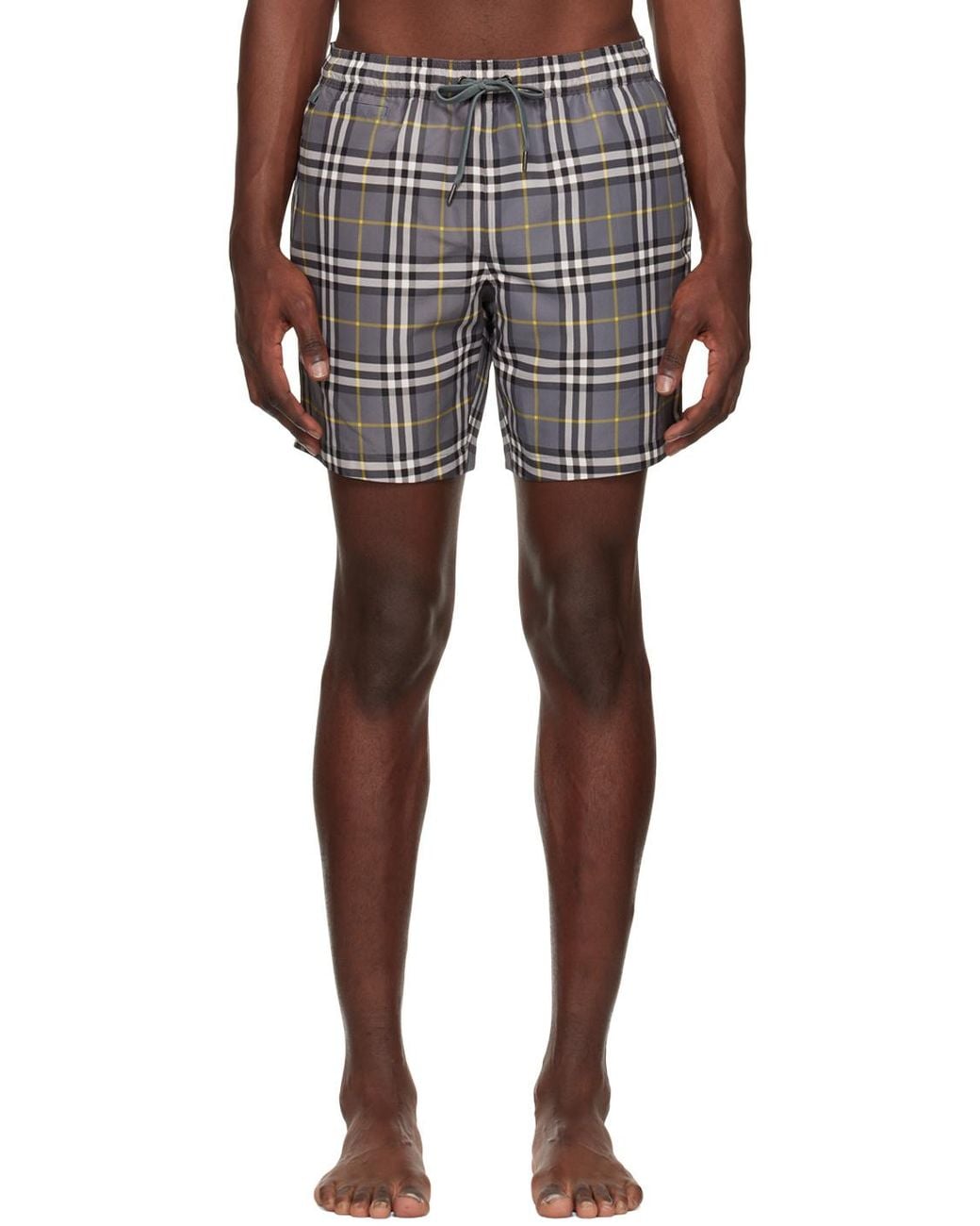 Burberry Gray Checked Drawstring Swim Shorts for men
