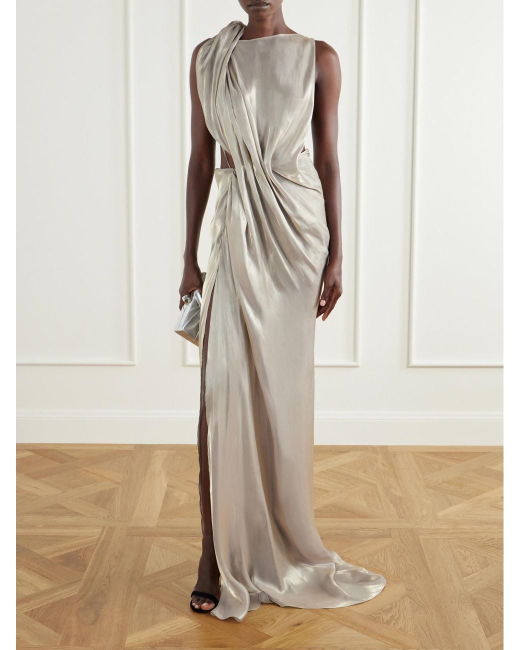 Maticevski White Glow Up Draped Metallic-Satin Gown