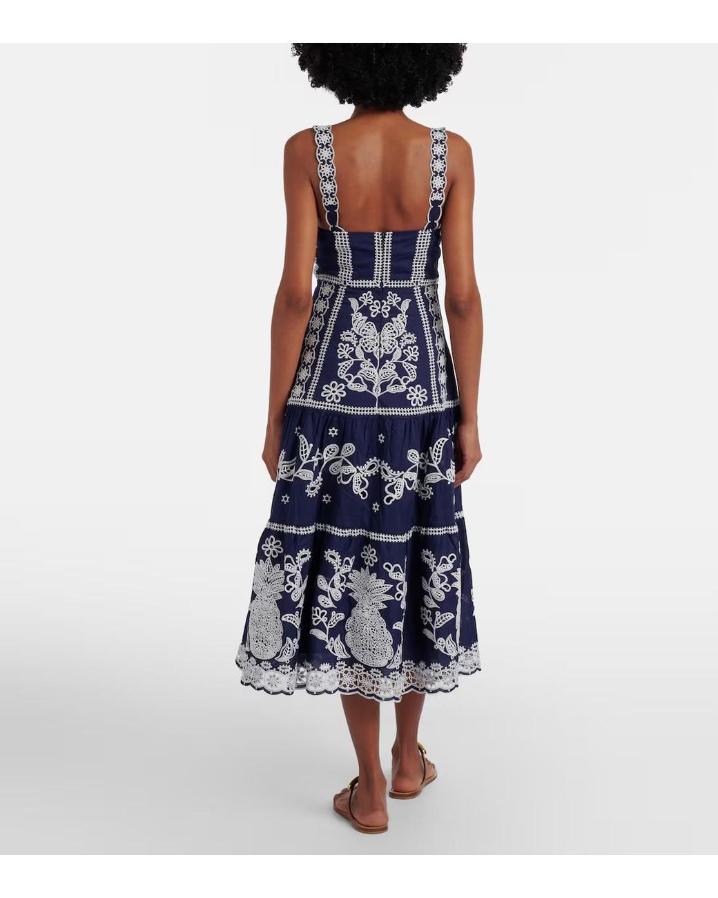 Farm Rio Blue Embroidered Cotton Midi Dress