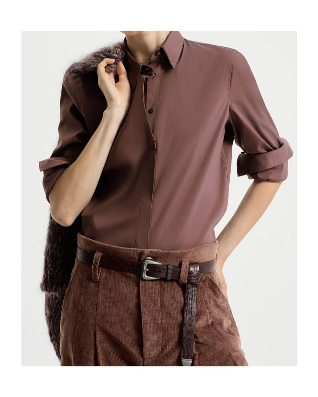 Brunello Cucinelli Brown Stretch Cotton Poplin Shirt With Shiny Collar