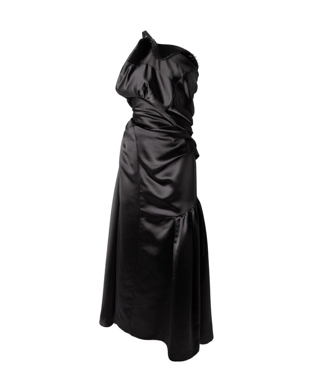 Dries Van Noten Black One-Shoulder Gathered Pleated Satin Midi Dress