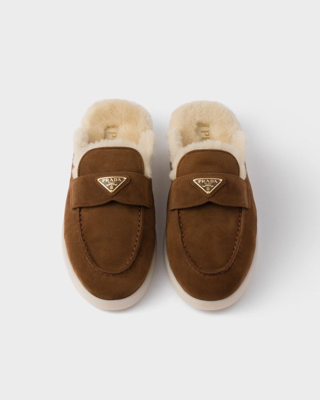 Prada Brown Suede And Shearling Mules