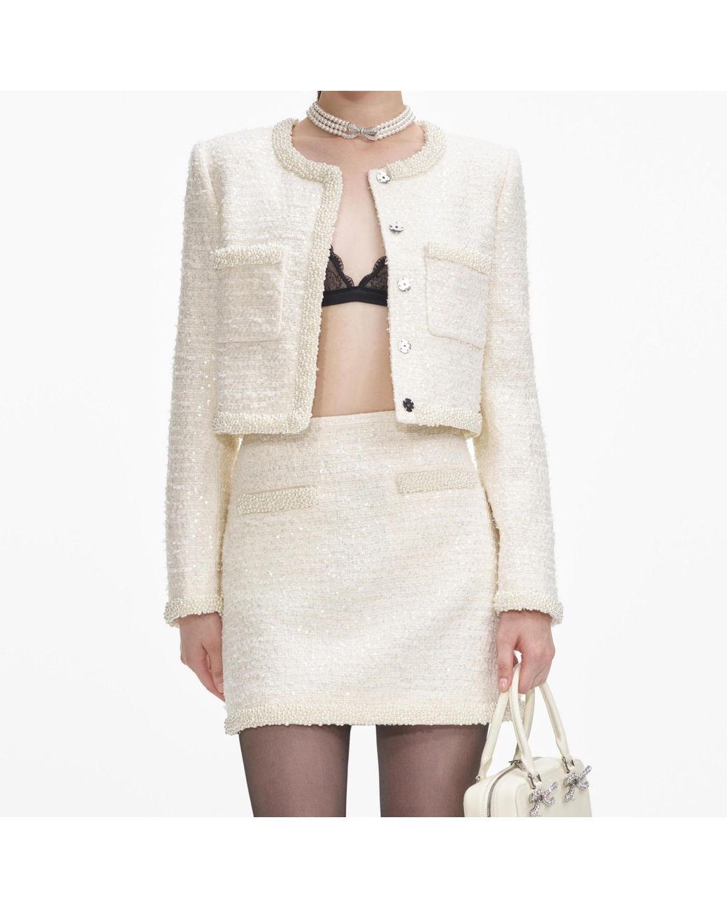Self-Portrait White Boucle Embellished Trim Jacket