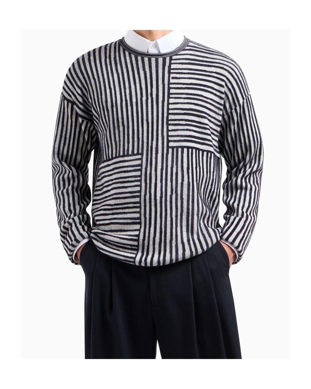Giorgio Armani Black Jacquard-Striped Crew-Neck Sweater for men