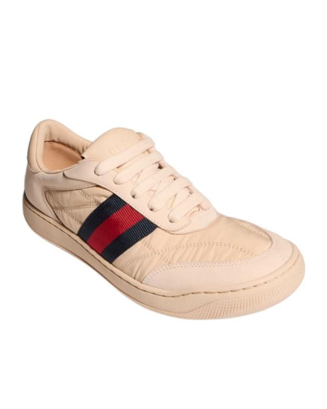 Gucci Pink Light Leather-Trim Web Sneaker With Interlocking G Rubber Sole And Cushioned Insole