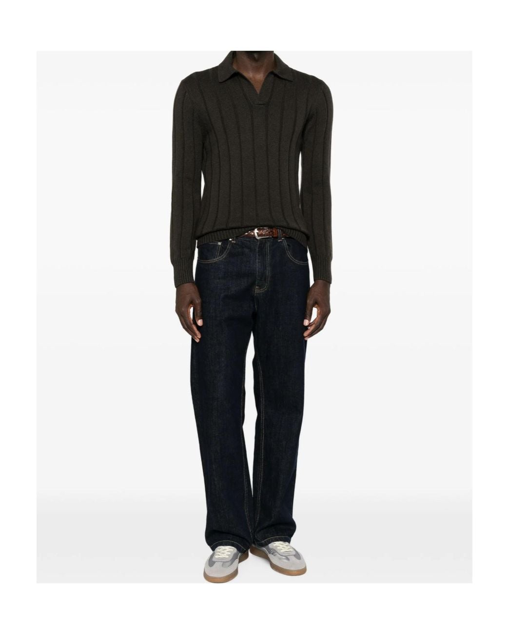 Gran Sasso Black Ribbed Polo-Collar Sweater for men