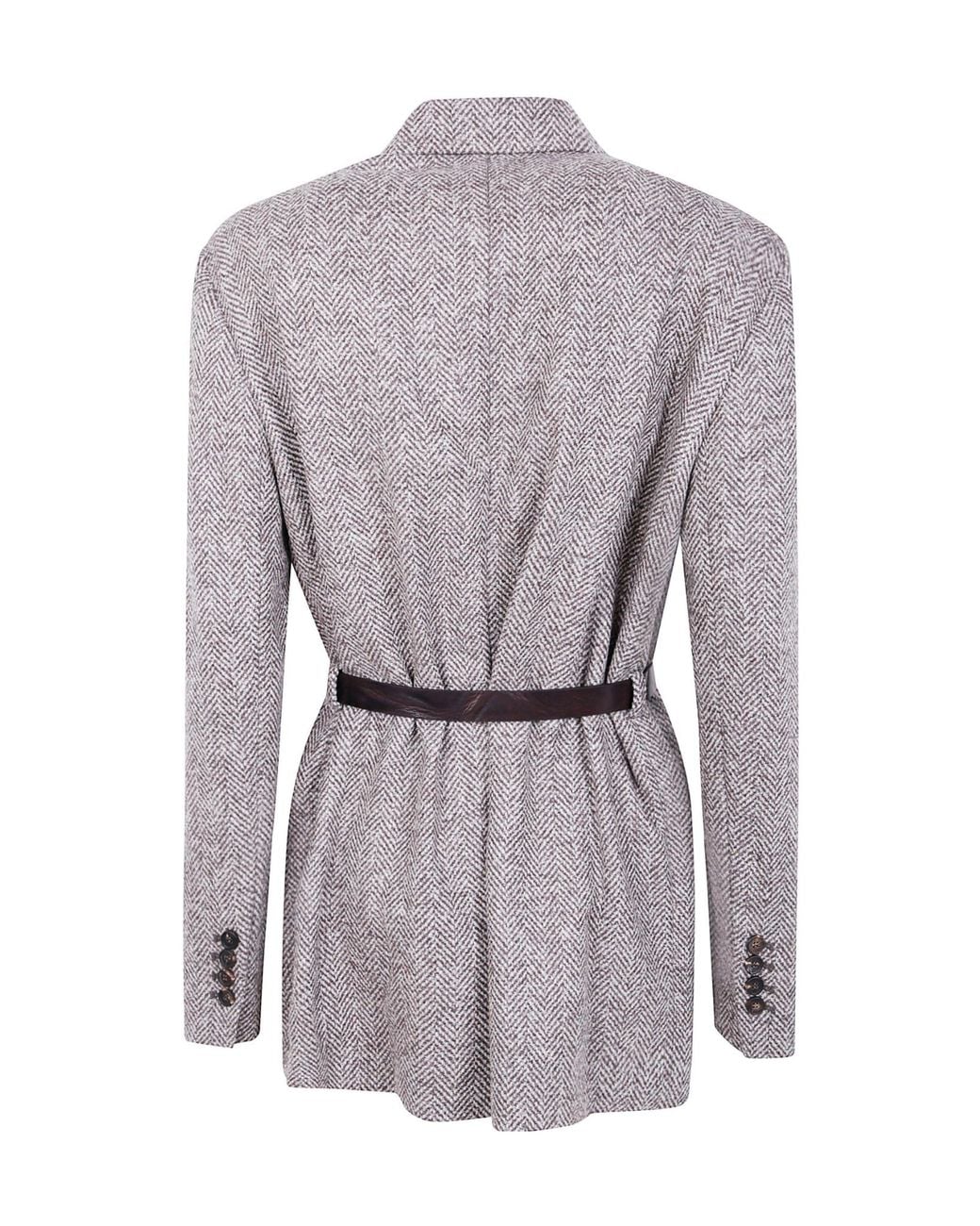 Brunello Cucinelli Gray Herringbone Belted Jacket