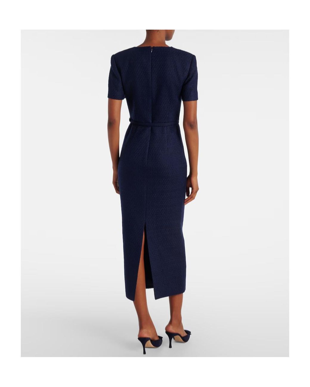 Roland Mouret Blue Belted Boucle Midi Dress