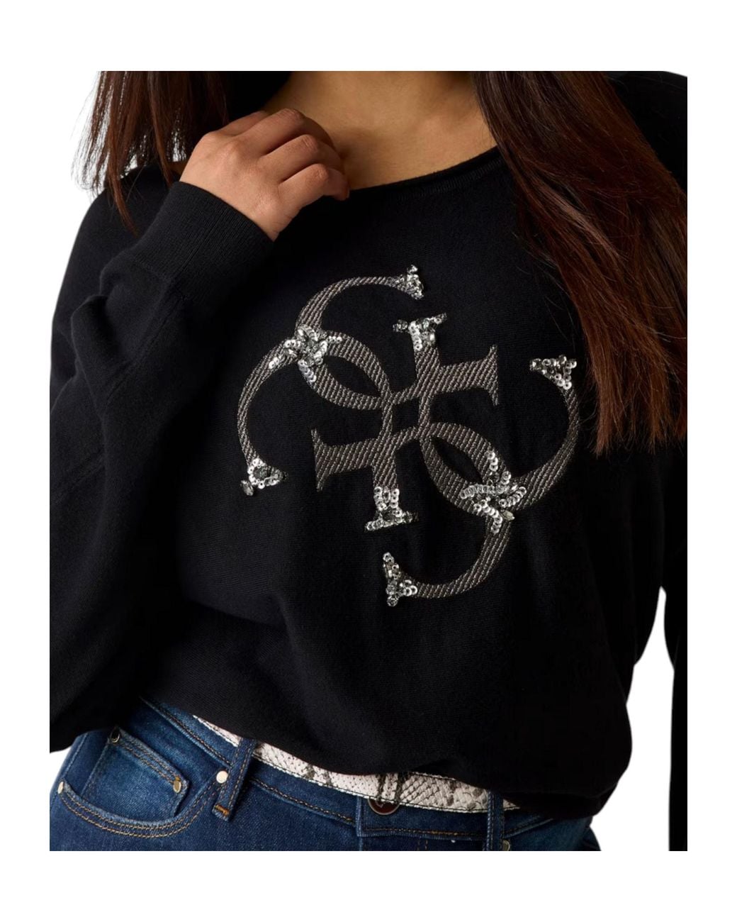 Guess Black Sequin-Embellished Logo-Print Sweater
