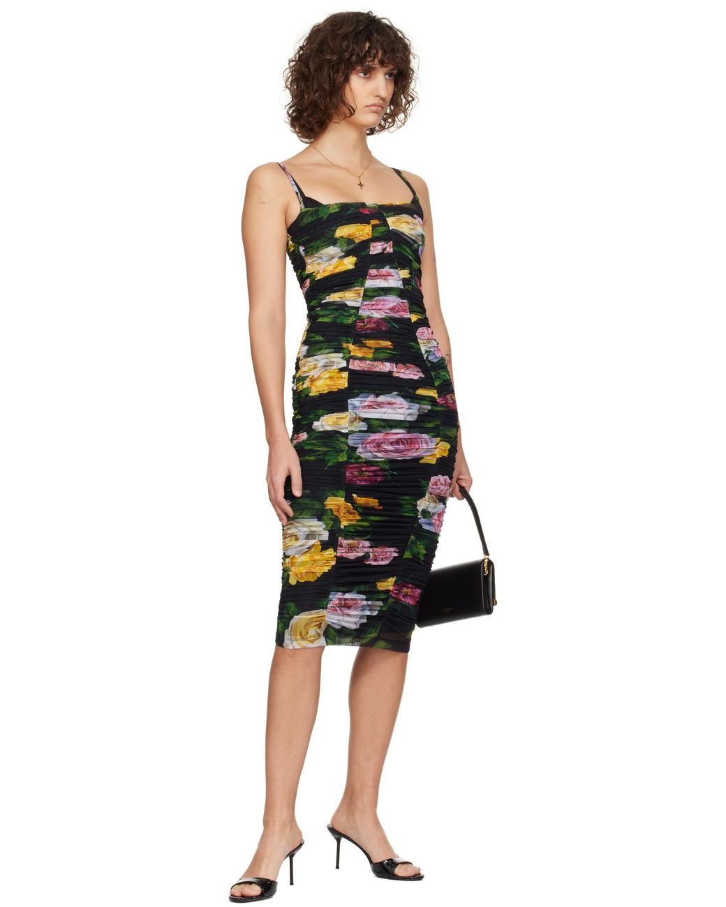 Dolce & Gabbana Black Floral Printed Tulle Calf-Length Slip Dress