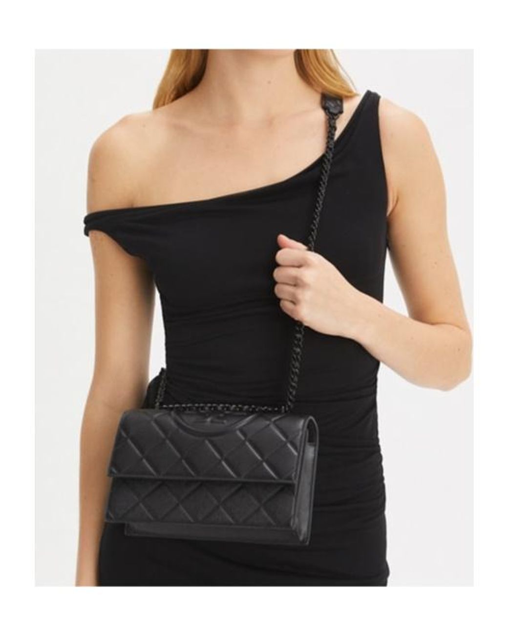Tory Burch Black Small Fleming Polished-Grain Convertible Shoulder Bag