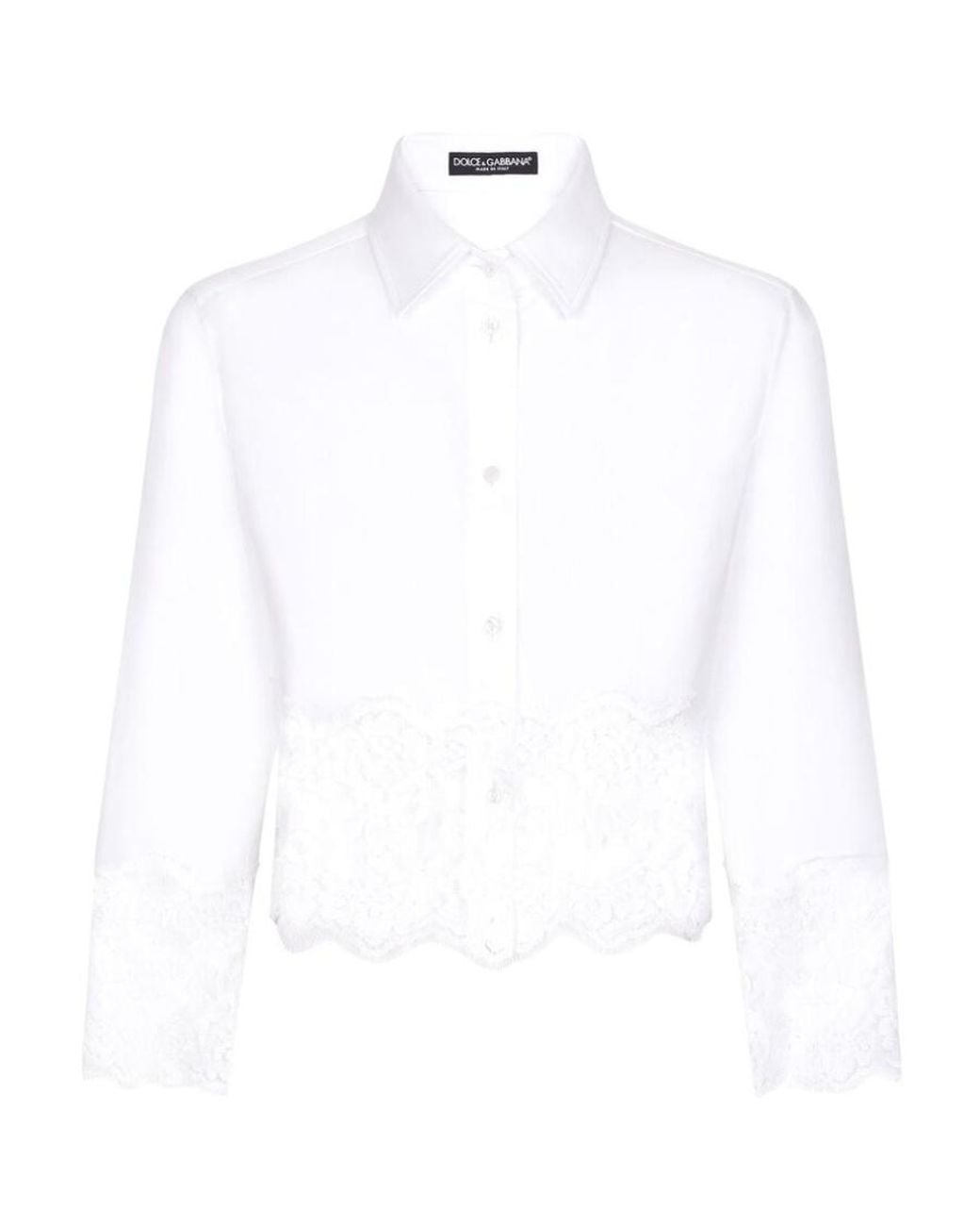 Dolce & Gabbana White Lace Detailed Cropped Poplin Shirt