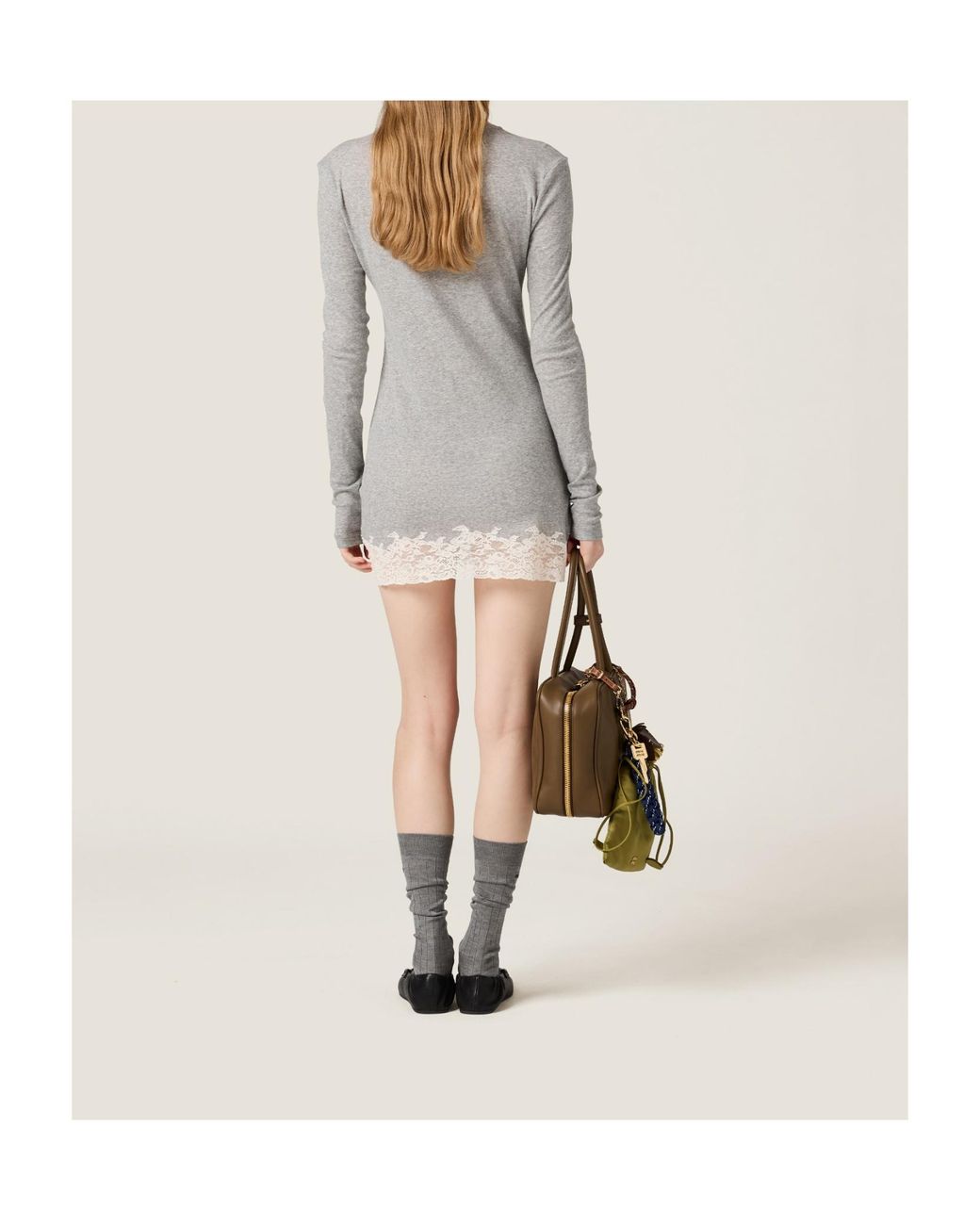 Miu Miu Gray Ribbed Jersey And Lace Dress