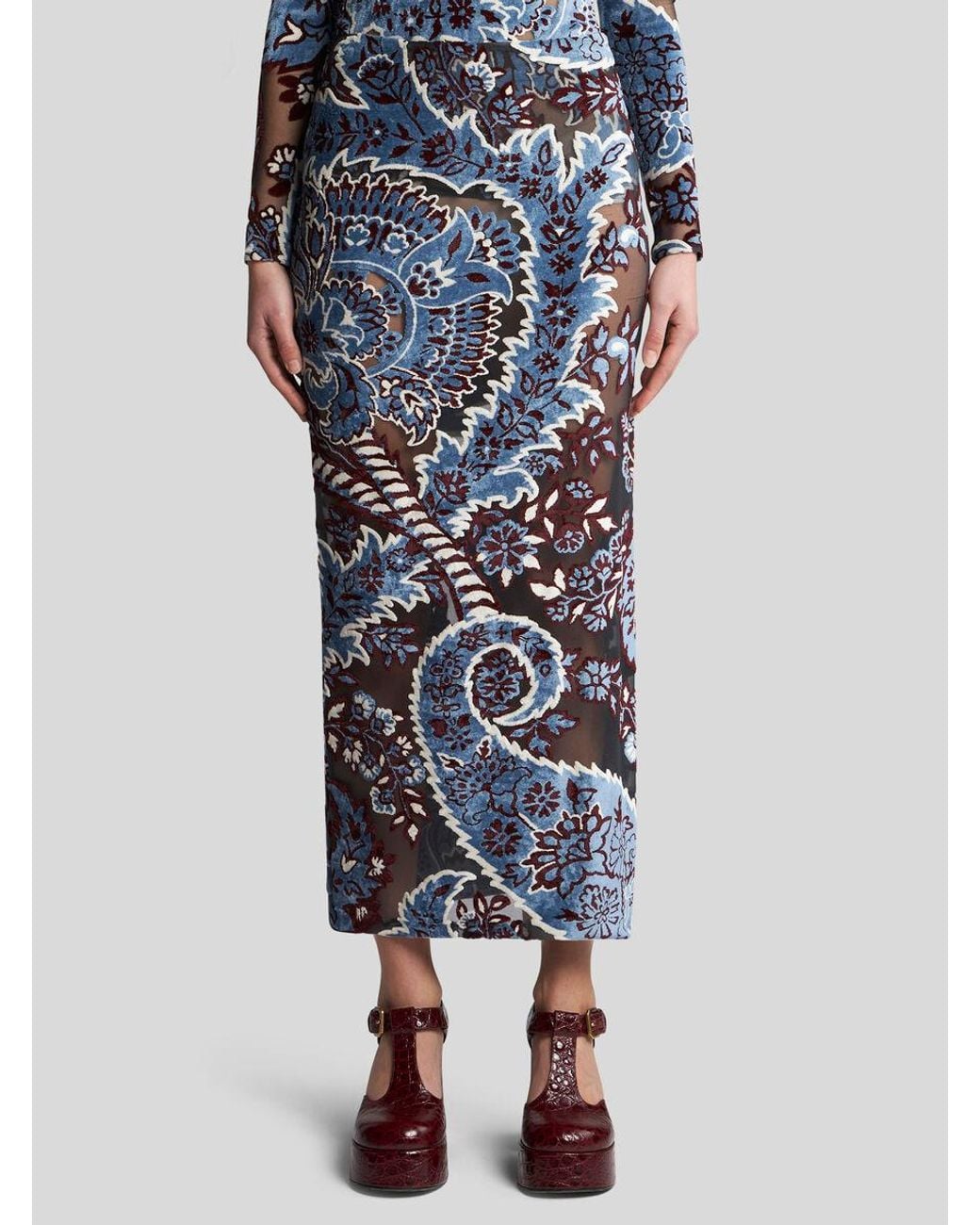 Etro Blue Pattern-Jacquard Velvet Midi Skirt