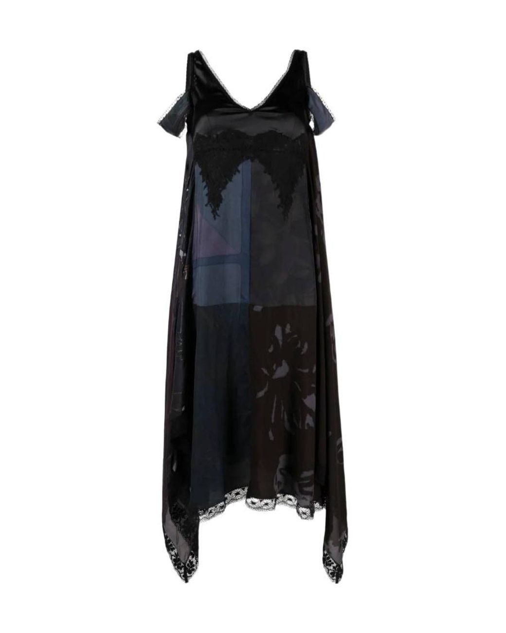 MARINE SERRE Black Lace-Detailed V-Neck Midi Dress