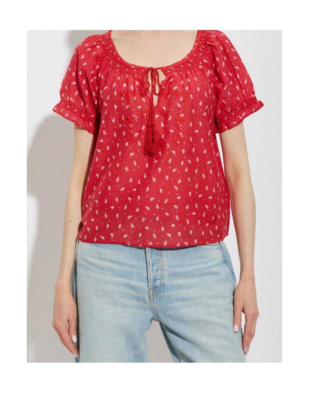 Re/done Katie Embroidered Tie-Neck Top