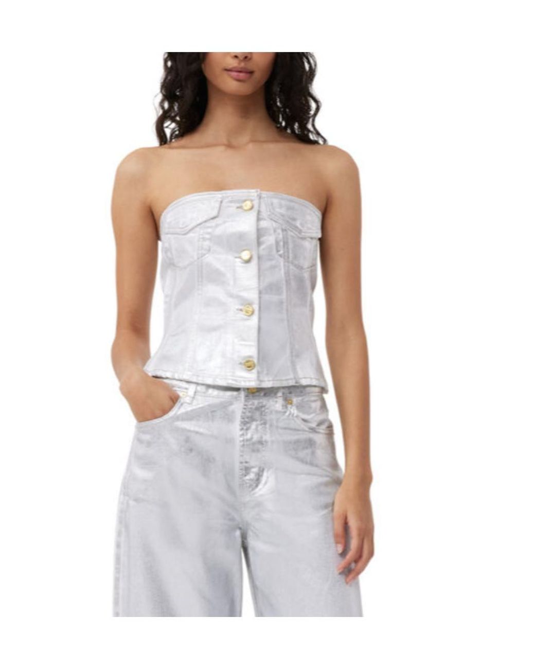 Ganni Gray Off-The-Shoulder Foil Denim Top