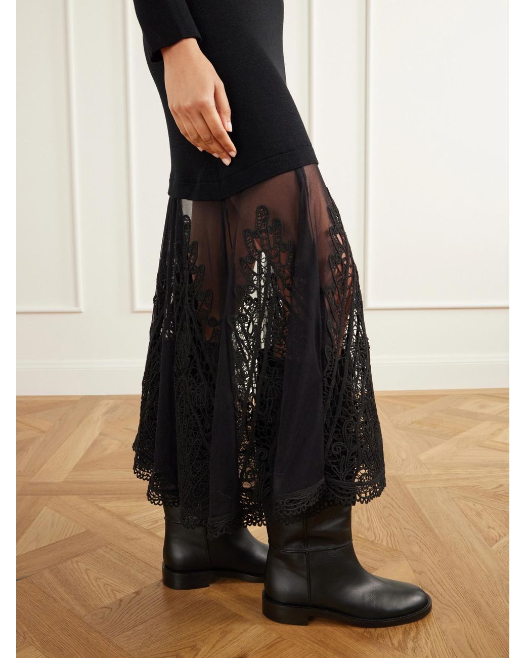 Sea Black Embroidered Tulle-Trimmed Wool Midi Dress