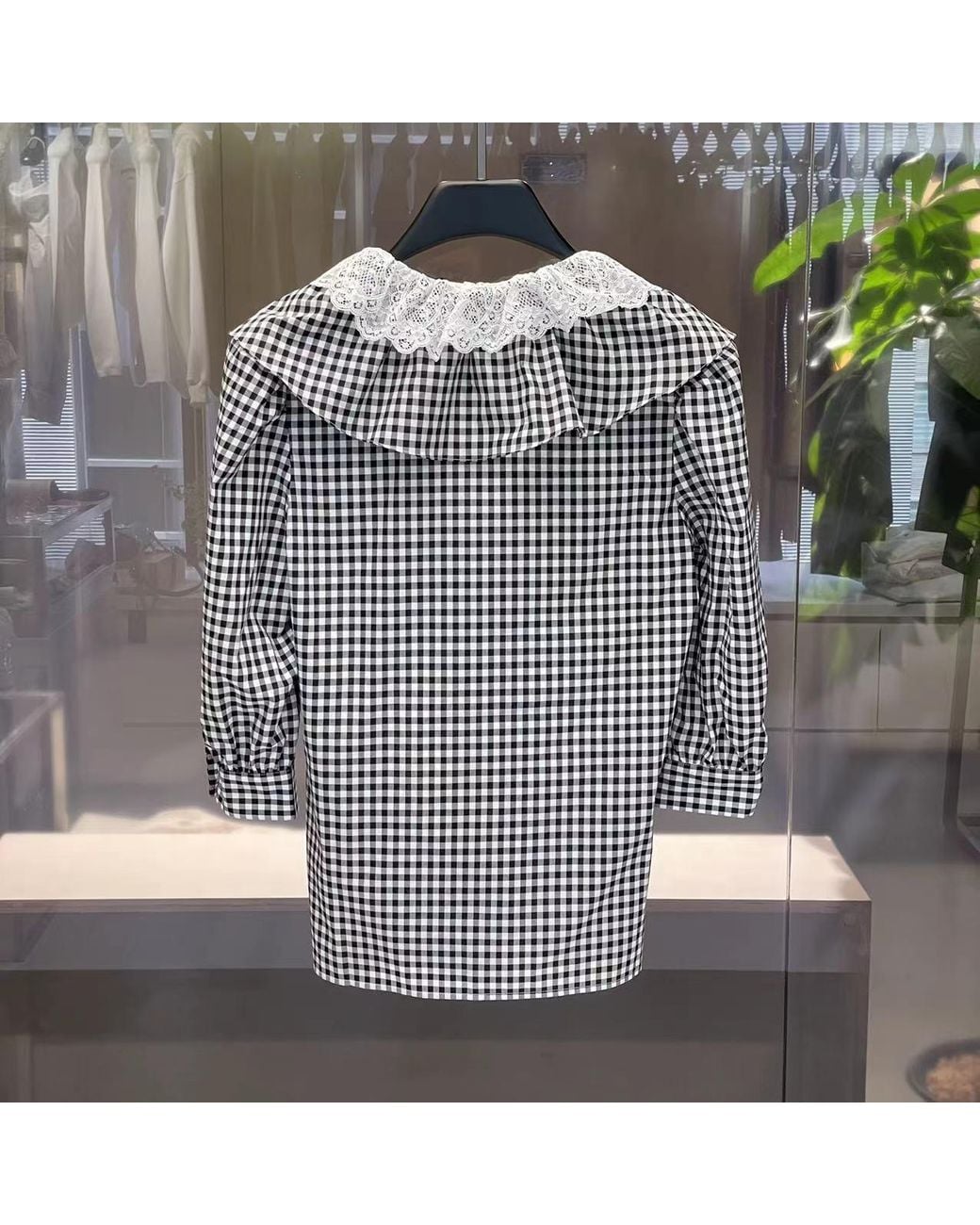 Alessandra Rich Gray Check-Print Ruffle-Collar Shirt