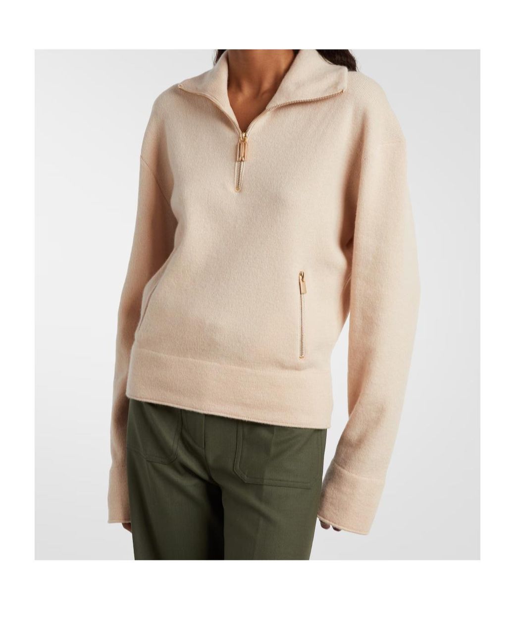 Victoria Beckham Natural Wool And Cashmere Half-Zip Sweater