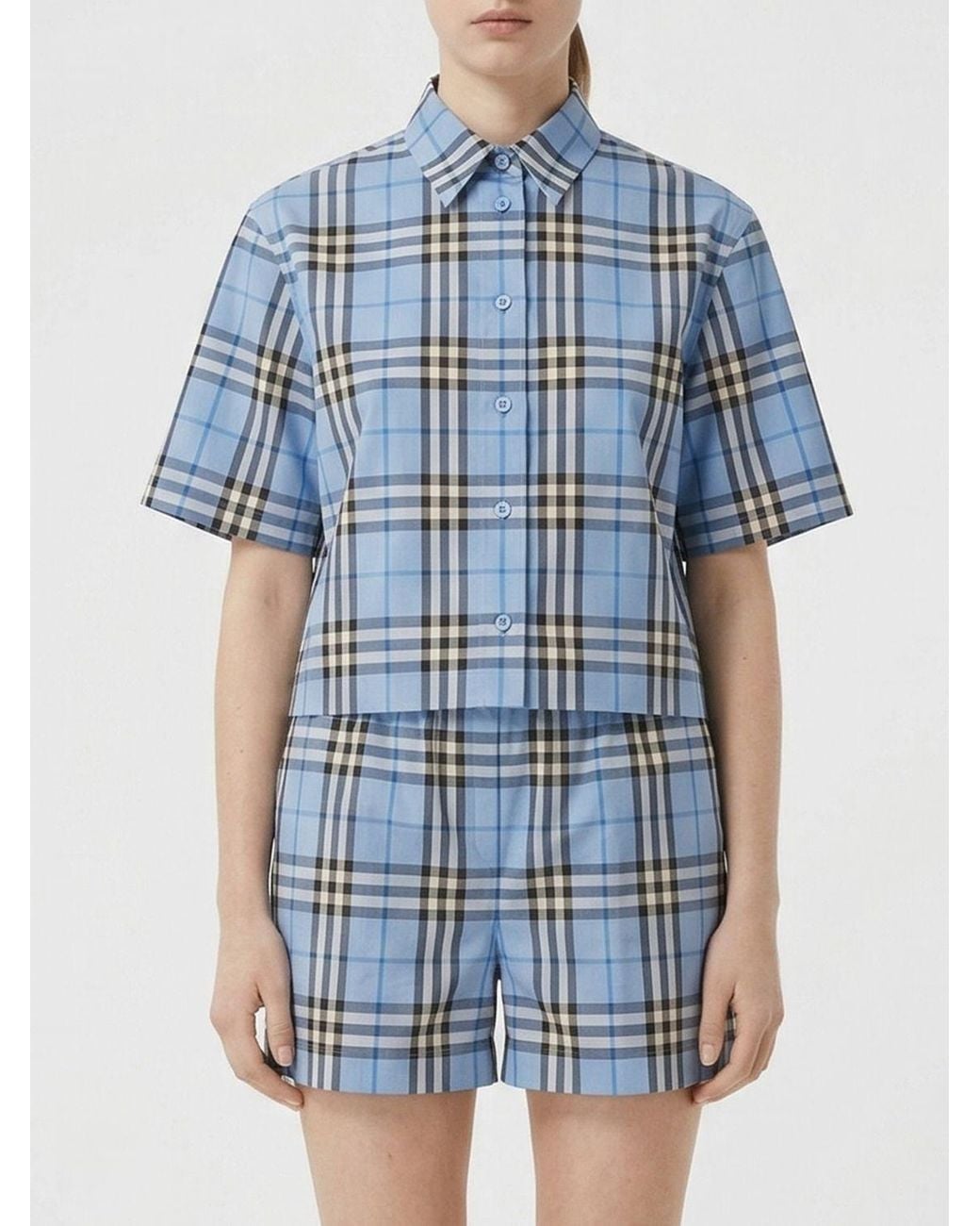 Burberry Blue Checked Cropped Short Sleeved Shirt