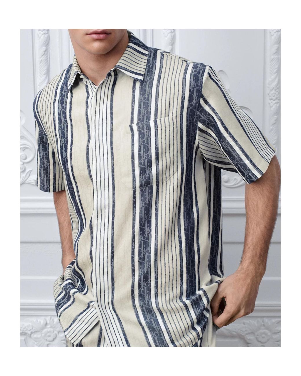 Dior Blue Iviera Oblique Sun Stripes Short-Sleeved Shirt for men