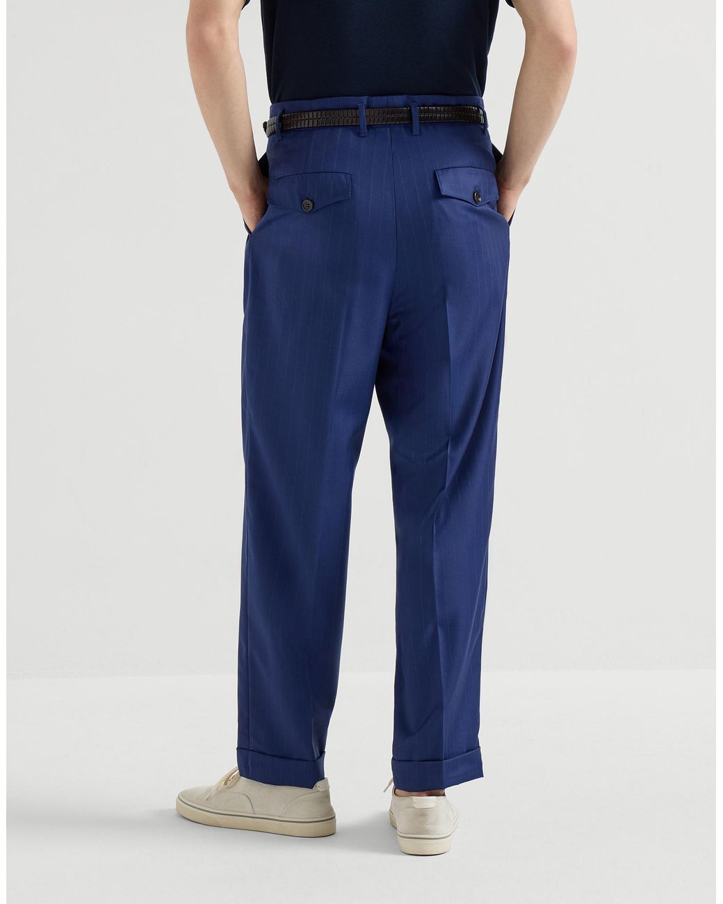 Brunello Cucinelli Blue Virgin Wool Chalk Stripe Batavia Trousers With Double Pleats for men